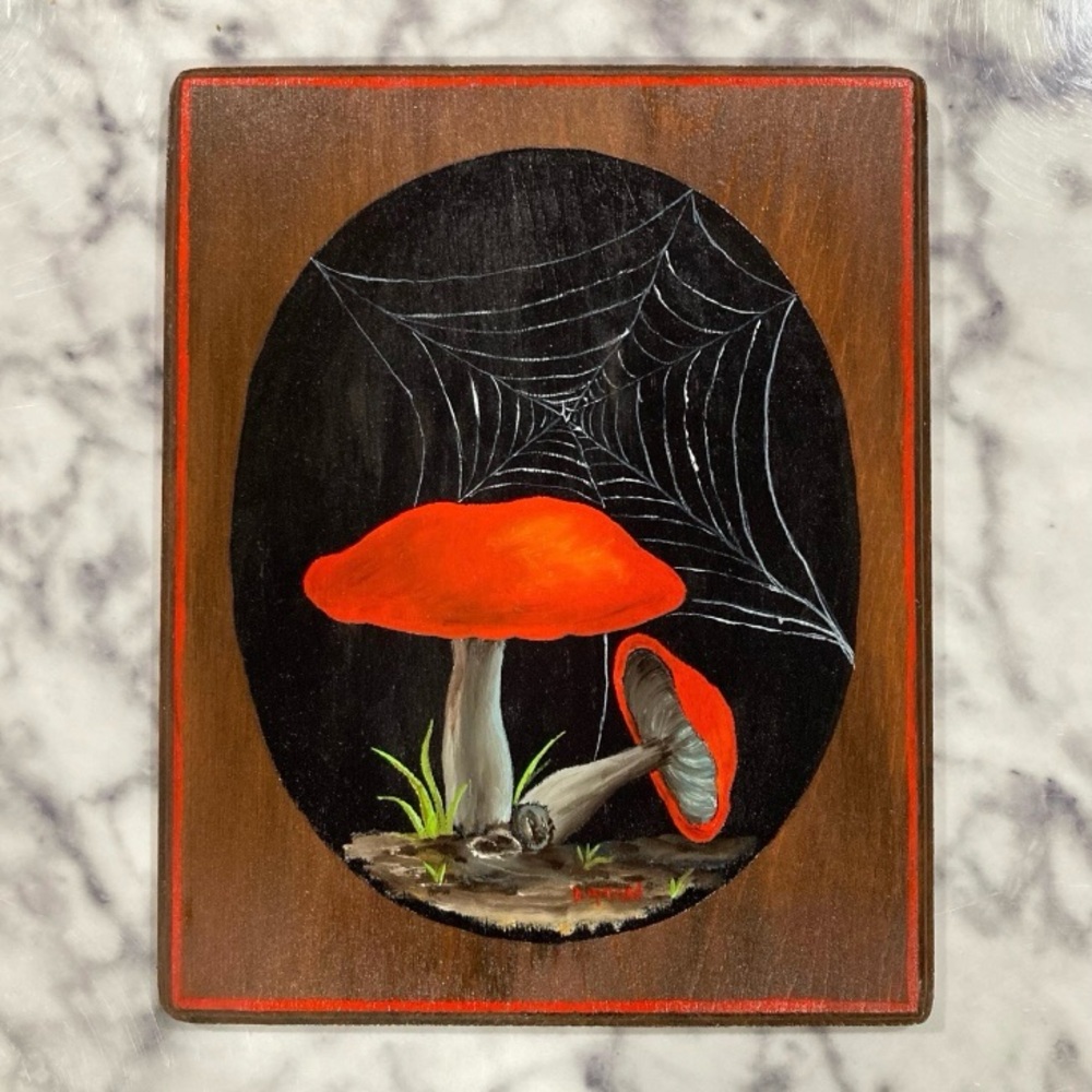Vintage Original Mushroom Painting On Rounded Wood Plaque Red Cap Fungi Art Sign